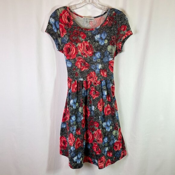 Almost Famous Girl's Size L Floral Dress Red Pink Blue Short Sleeves Tie Back - Picture 1 of 11